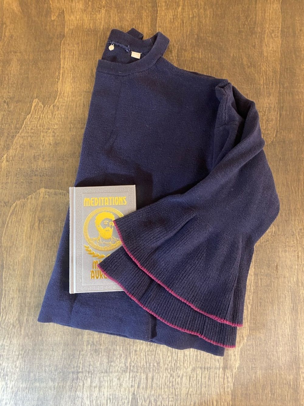 Knitted and Knotted Navy Knit Semi Crop Sweater with Ruffled Bell Sleeves